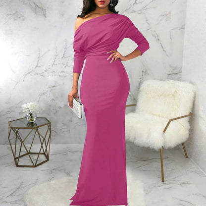 Women’s Evening Gown – Fitted Silhouette – Off-Shoulder – Long Sleeve Draped Satin