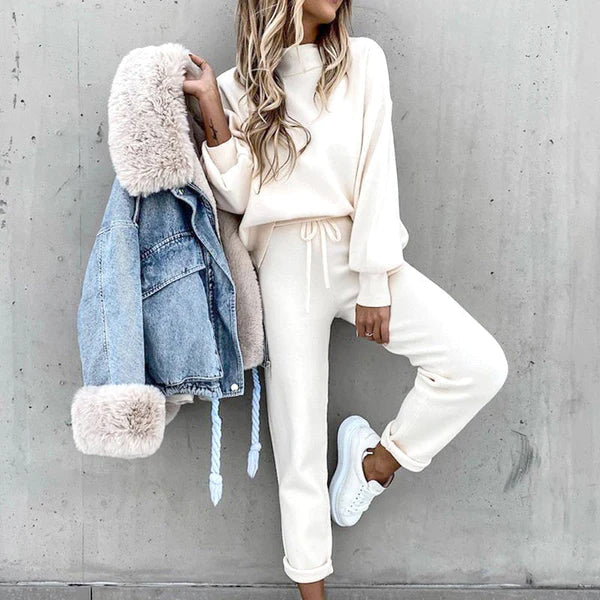Women's autumn winter long sleeve fleece casual sweater set