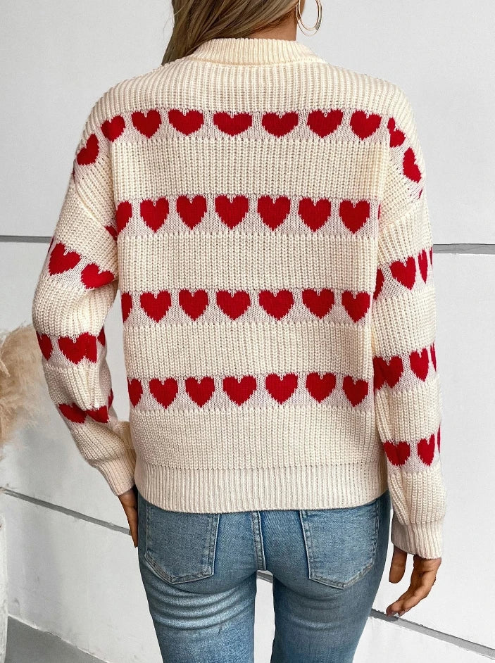 Women's jacquard love pattern crew neck pullover sweater