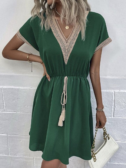 Women's Mini Dress - Lace Trim V-Neck - Short Sleeve Flowy Casual Fit