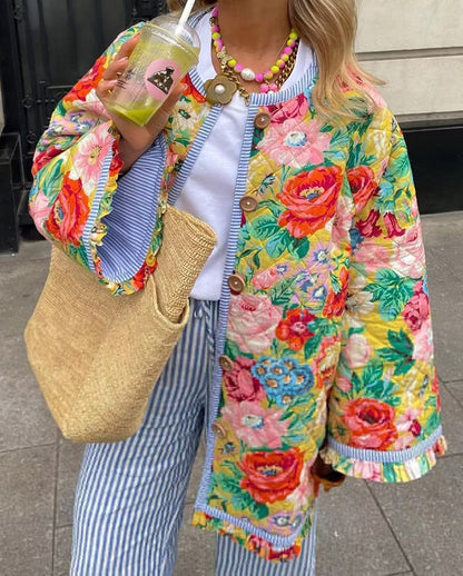 Women's autumn floral print loose quilted jacket