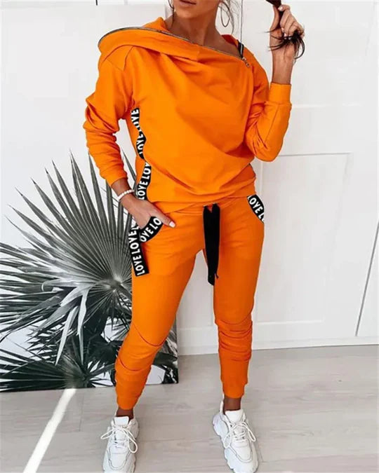 Women's stylish irregular zipper collar hoodie jogger set