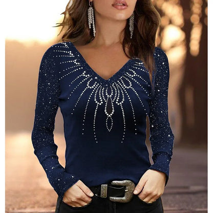 Women's long sleeve slim fit V-neck T-shirt with geometric patterns