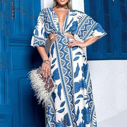 Women's Burnout Pattern Maxi Dress with V-Neck and Short Sleeves