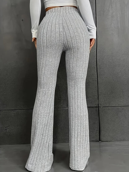 Women’s Trousers – High Waisted – Slim Fit – Ribbed Stretch Knit – Flared Leg – Full Length