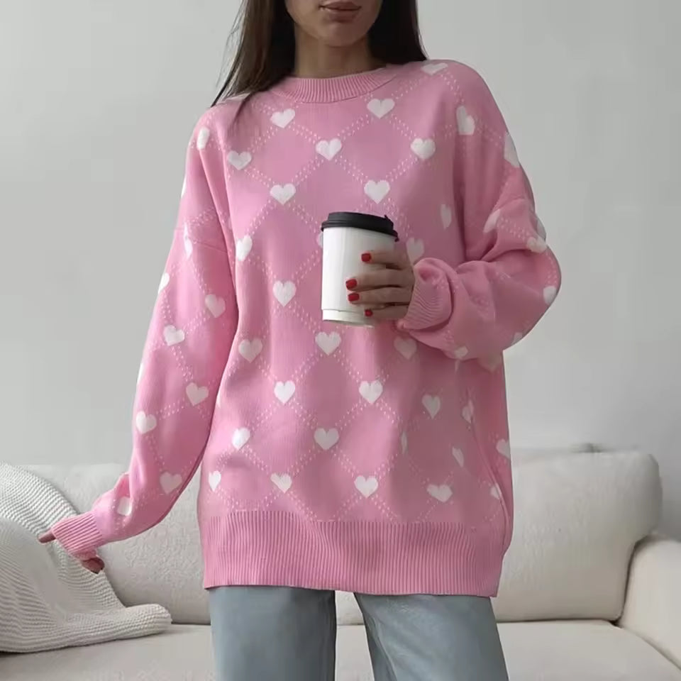 Heart Pattern Loose Fit Knit Sweater 