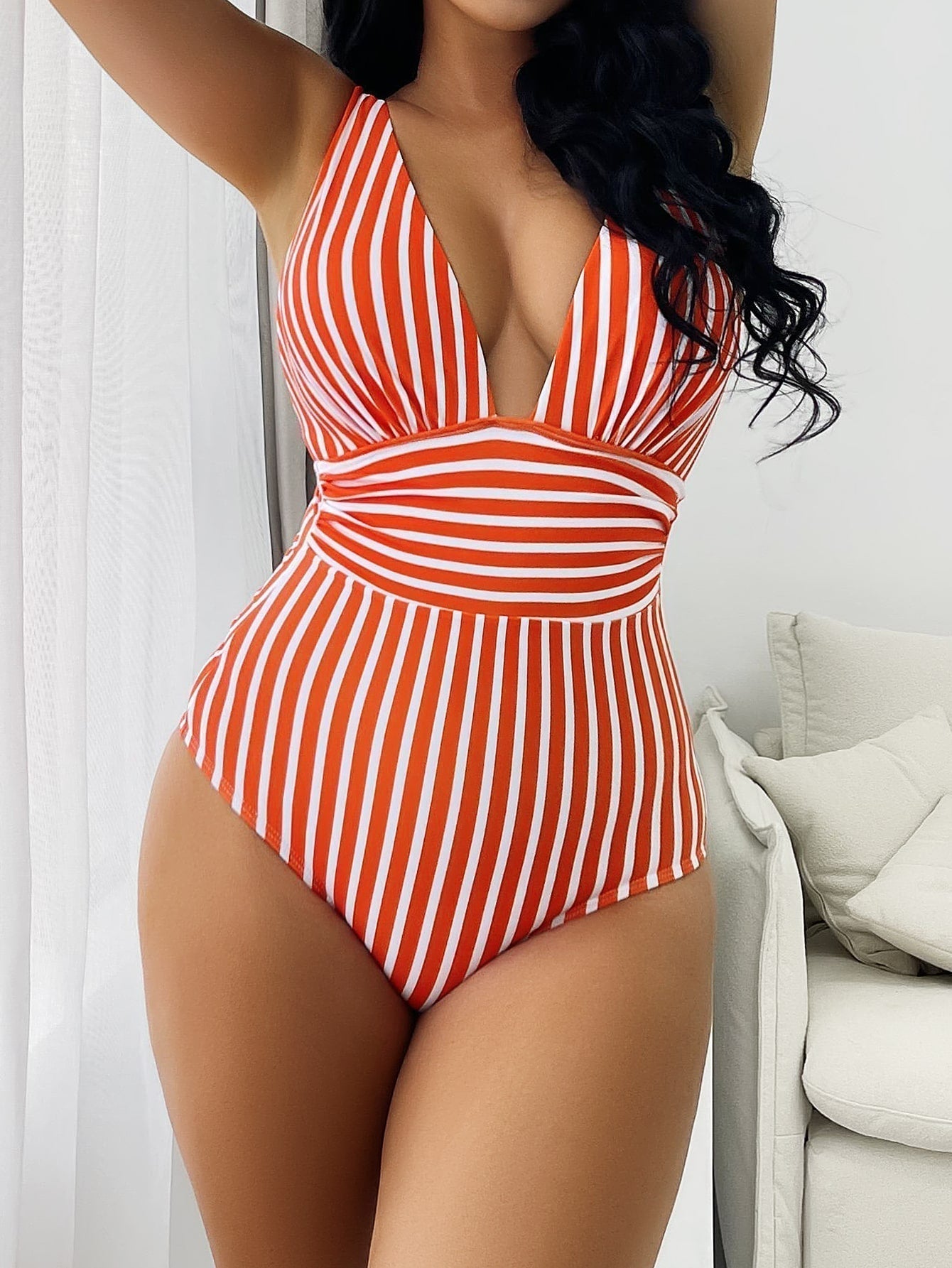 Striped Breathable Stretch Fit One-Piece Swimsuit 