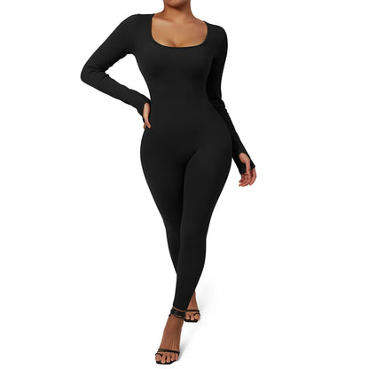 Women's Bodycon Jumpsuit - Long Sleeve Scooped Neck - Stretchable Full-Length Fit