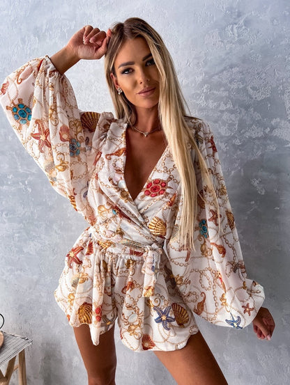 Women's Romper - Wrap V-Neck - Long Wide Sleeves - Lightweight Flowy Casual Wear