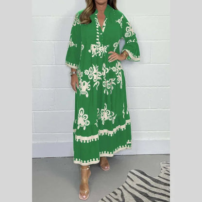 Women's elegant printed stand-up collar waist dress