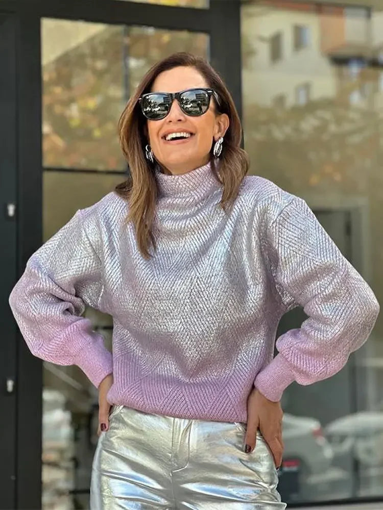 Shiny gradient turtleneck sweater with plaid pattern for women