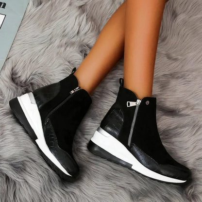 Women's Wedge Ankle Boots - Suede & Faux Leather - Side Zipper - Platform Sole