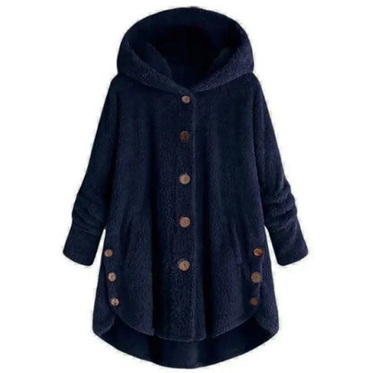 Women’s Fleece Jacket – Relaxed Fit – Hooded – Button Front – Long Back Hem – Pockets