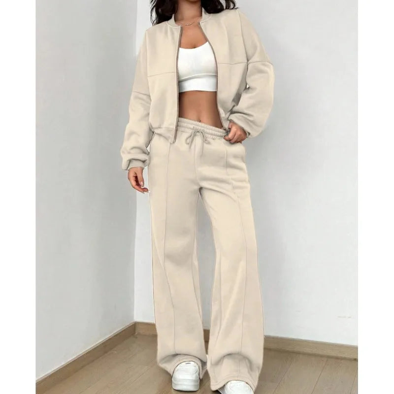 Women's casual zipper bomber jacket and wide leg pants set