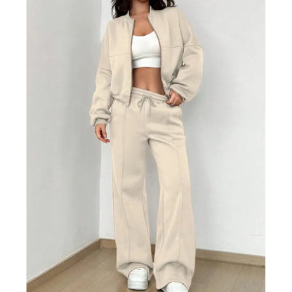 Women's casual zipper bomber jacket and wide leg pants set