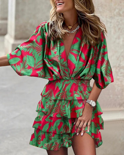 Women's V-Neck Wrap Dress - Tiered Ruffle Skirt - Elbow-Length Sleeves - Relaxed Fit