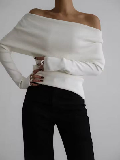 Women’s Sweater – Ribbed Knit – Off-Shoulder Draped Neckline – Relaxed Fit Long Sleeve