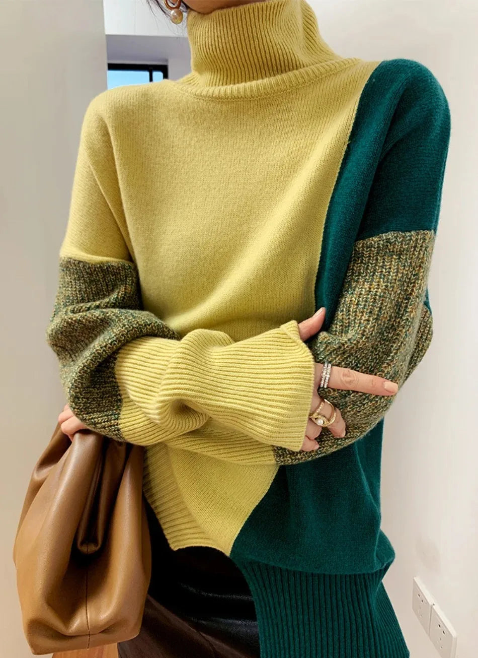 Women's color block high neck oversized sweater