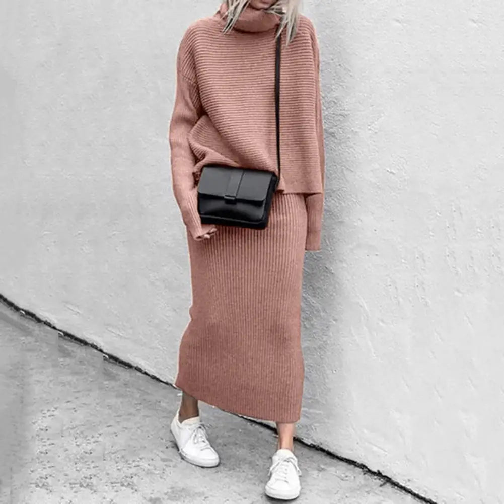 Women's casual  loose high collar pullover knitted sweater skirt set