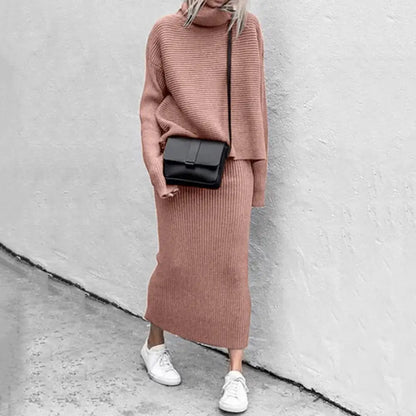 Women's casual  loose high collar pullover knitted sweater skirt set