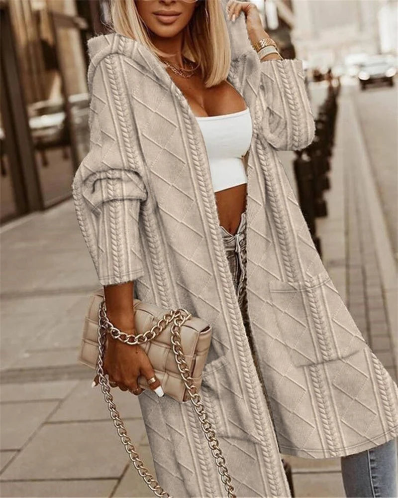 Women's cable knit hooded longline coat winter cardigan