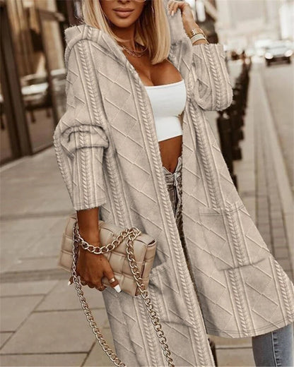 Women's cable knit hooded longline coat winter cardigan