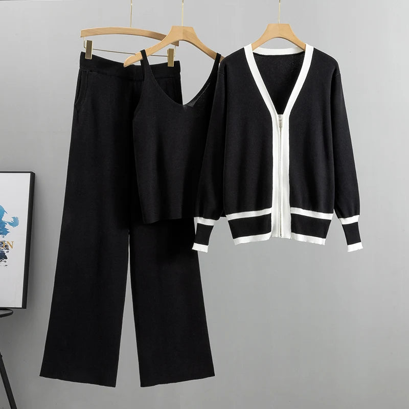 Women's knitted sleeveless top cardigan and elastic waist wide leg pants 3 piece set