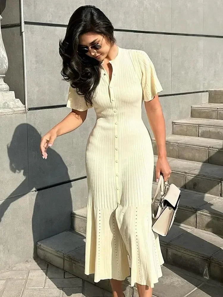 Women's Knit Dress - V-Neck - Short Sleeve - Button Front - Form-Fitting Elegant Style
