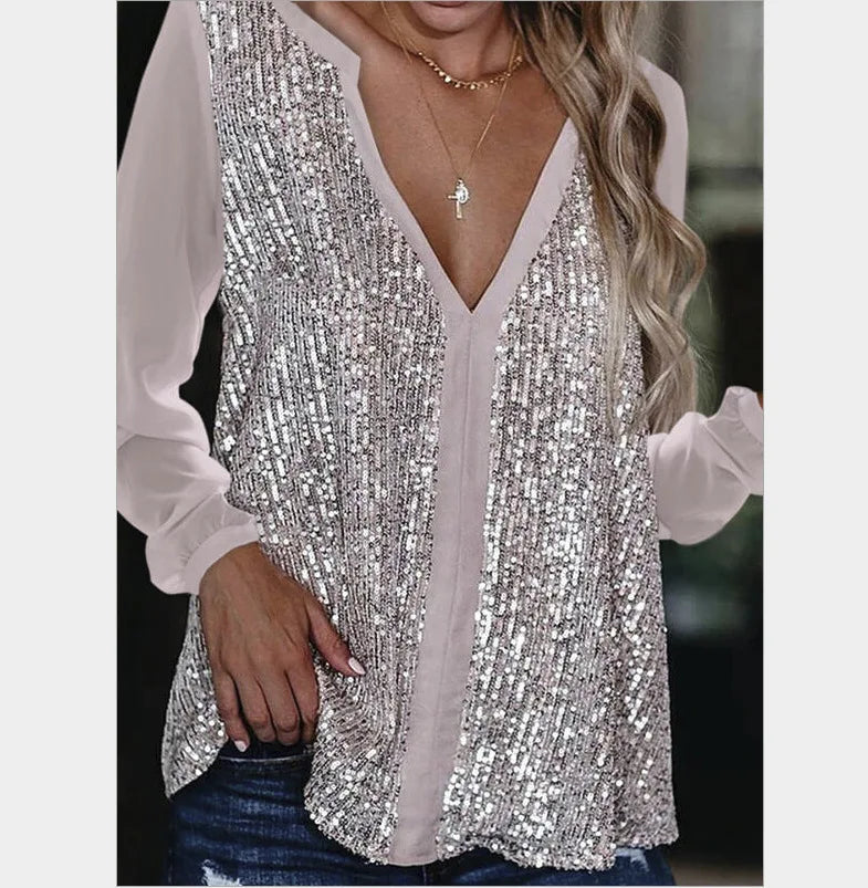 Elegant V-neck long sleeve pullover shirt for women