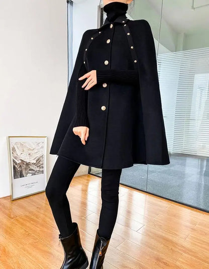 Vintage black cape shawl coat for women with golden buttons