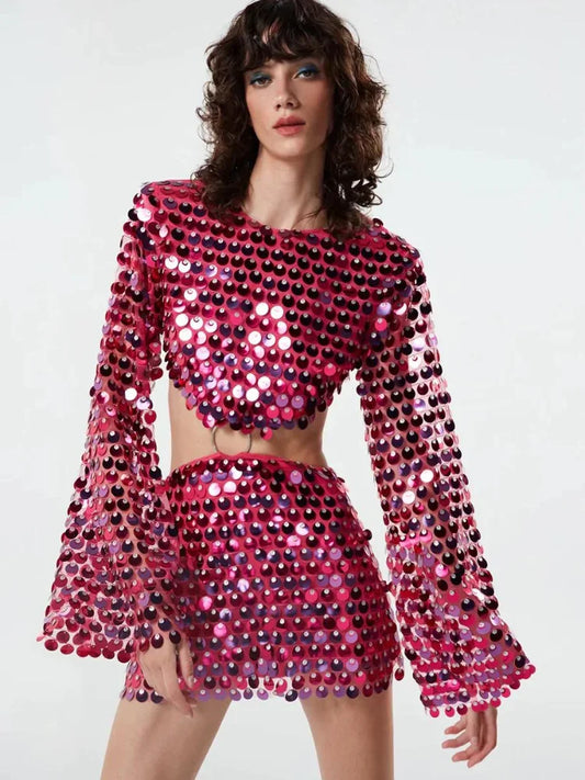 Sequin Two-Piece Long Sleeve Crop Set