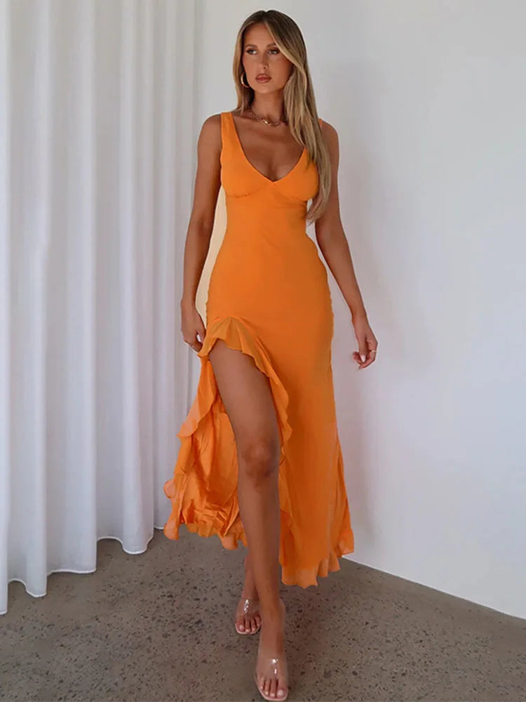 Women’s Evening Dress – Satin Slim Fit – Deep V-Neck – High Slit – Ruffle Hem