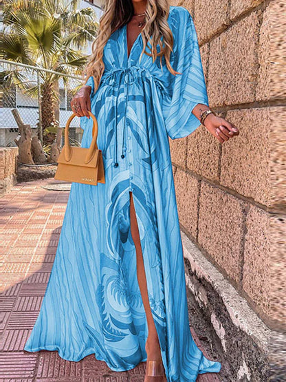 Women's Maxi Dress - Abstract Print - V-Neck - Kimono Sleeves - Adjustable Waist - Front Slit