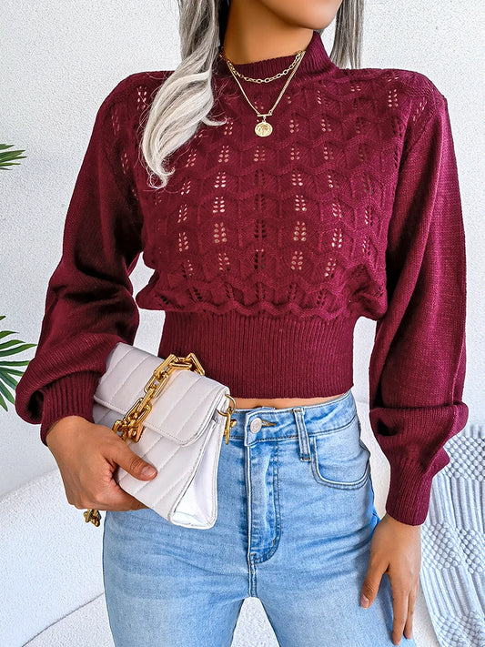 Knitted Hollow Long-Sleeve Crop Sweater