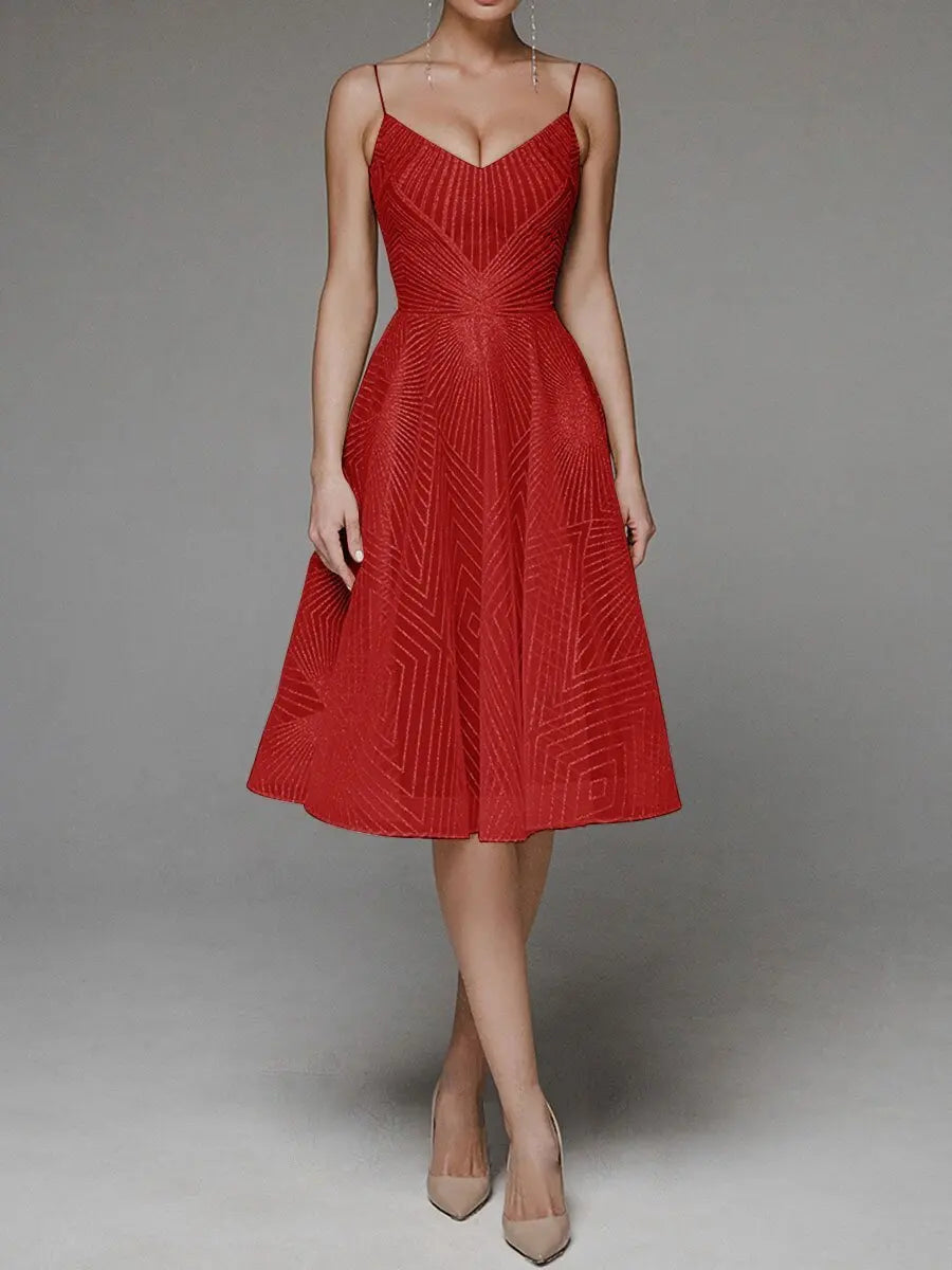 Women's A-Line Dress - Sleeveless Spaghetti Strap - V-Neck Knee-Length Elegant Wear