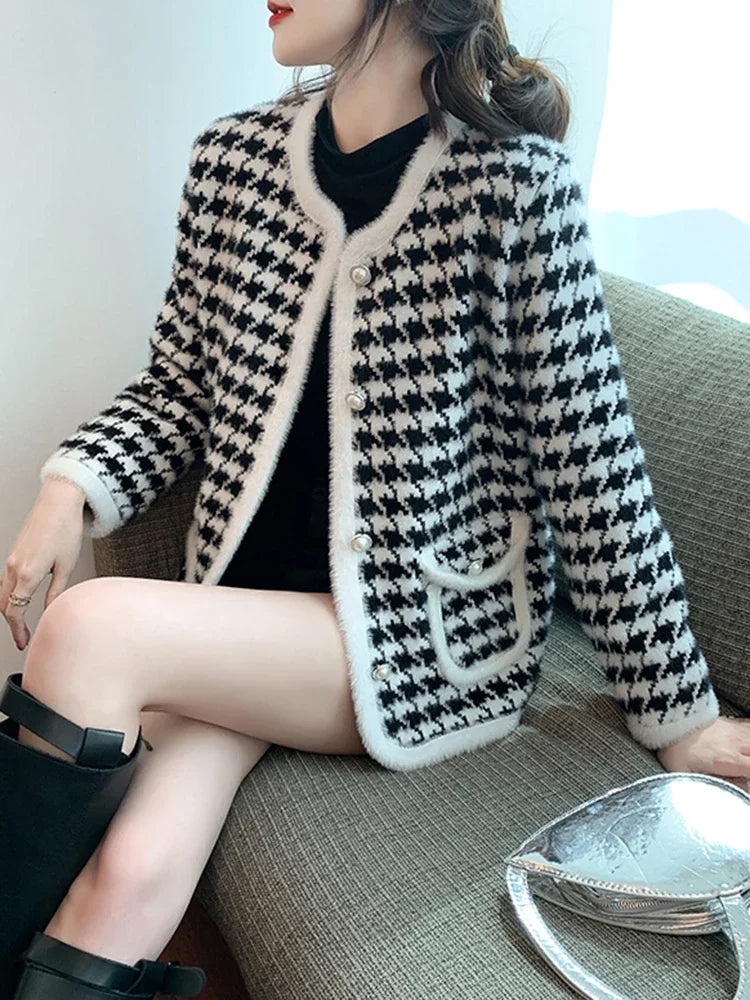 Houndstooth button-up cardigan jacket for women