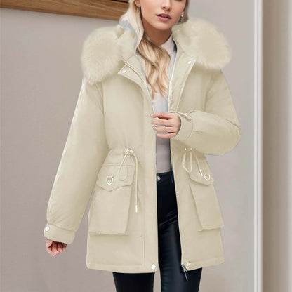 Women's winter windbreaker hooded jacket with a full zip  waist cinch and pockets
