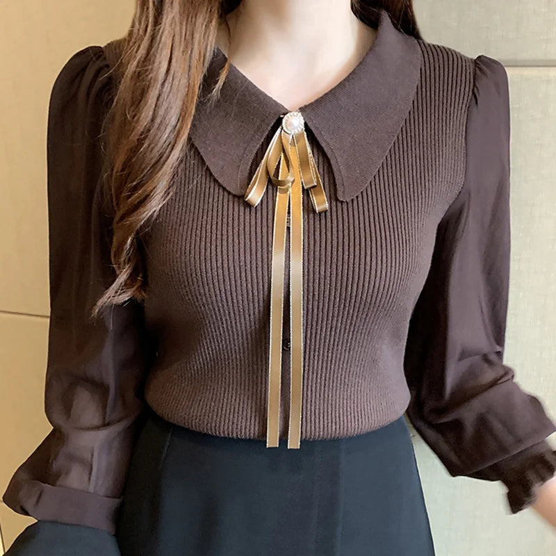 Ribbed Knit Puff Sleeve Blouse With Bow