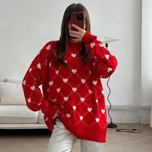 Heart Pattern Loose Fit Knit Sweater 