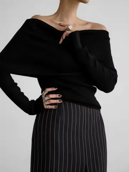 Women’s Sweater – Ribbed Knit – Off-Shoulder Draped Neckline – Relaxed Fit Long Sleeve
