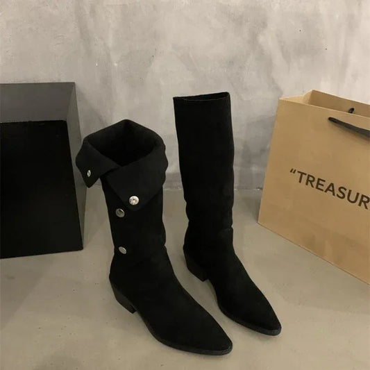 Stacked Heel Tassel Mid-Tube Boots