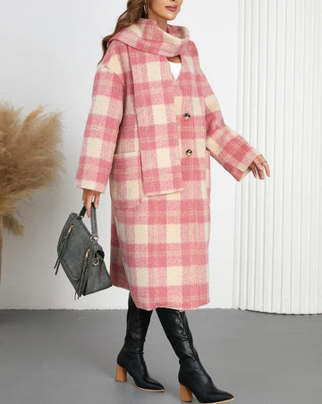 Elegant women’s medium-length plaid double-breasted v-neck coat