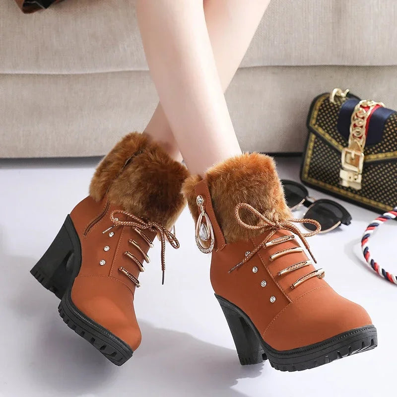 Women's British style high heel short boots with side zipper