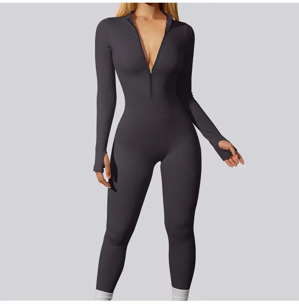 Women's Jumpsuit - Form-Fitting Stretch Fabric - Long Sleeve Zip Front - Casual Wear
