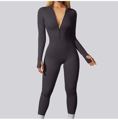 Women's Jumpsuit - Form-Fitting Stretch Fabric - Long Sleeve Zip Front - Casual Wear
