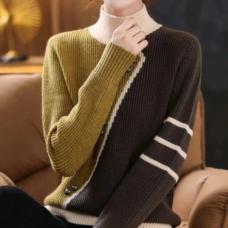 Women’s Knitted Sweater – Ribbed Turtleneck – Asymmetrical Button Design – Cozy Fit