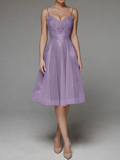 Women's A-Line Dress - Sleeveless Spaghetti Strap - V-Neck Knee-Length Elegant Wear