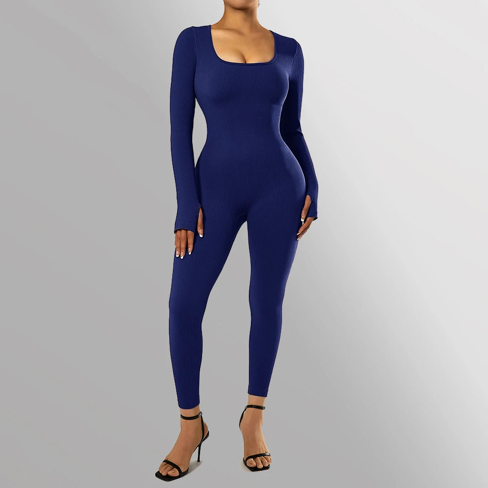 Women's Bodycon Jumpsuit - Long Sleeve Scooped Neck - Stretchable Full-Length Fit