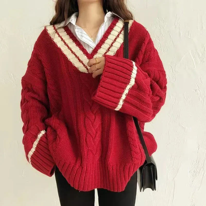 Cozy v-neck cable knit oversized sweater for women