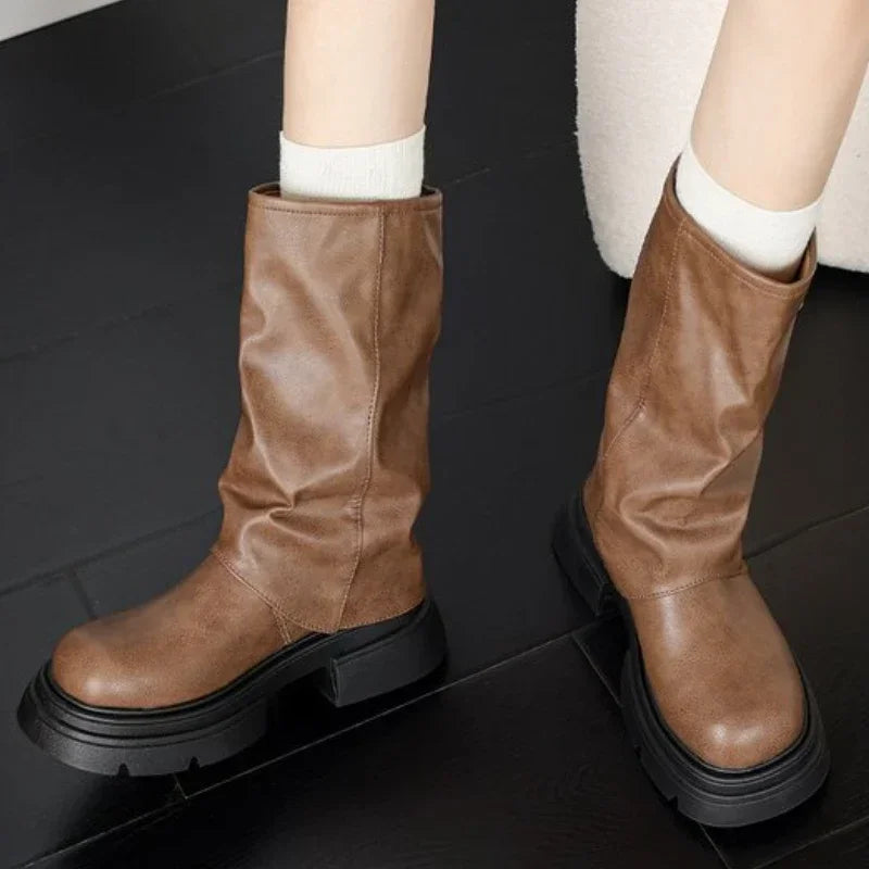 Retro chunky heel biker boots for women with buckle detailing